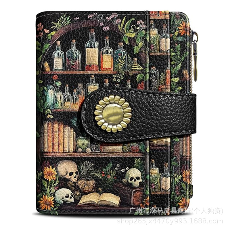 跨境印花荔枝纹pu女士短款钱包双折RFID屏蔽多卡位收纳女士钱包