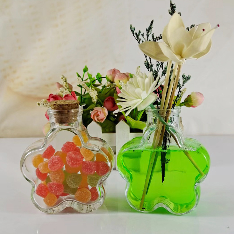 新款150ml扁梅花香薰瓶挥发香氛瓶木塞许愿漂流瓶糖果玻璃瓶批发