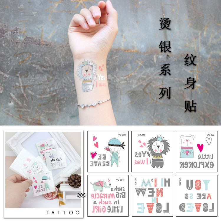 New Tattoo Stickers Cartoon Hot Silver Metal Shiny Original Single Party Temporary Waterproof Long-Lasting Cross-Border Supply