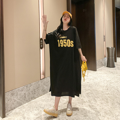 2021实拍夏季新品韩版大码女装胖mm显瘦中长款侧边开叉显瘦长T恤