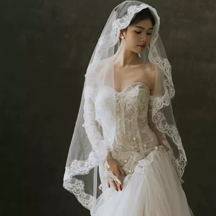 新款蕾丝花边头纱新娘主婚纱超长拖尾跟妆造型影楼婚纱照拍照道具
