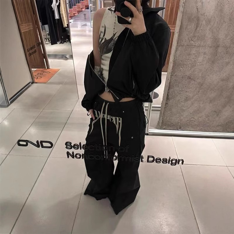 Ro Style Dark Embroidered Slogan Workwear Silhouette Wide-Leg Low-Crotch Loose Casual Floor-Length Flared Pants for Men Trendy