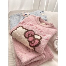 珊瑚绒睡衣女冬季长袖保暖套装加绒加厚半边绒家居服可爱外穿批发