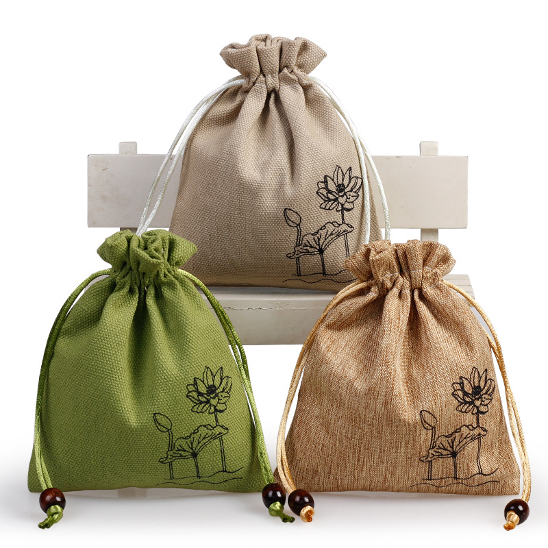 荷花双层佛珠麻布袋文玩收纳袋首饰抽绳礼品包装袋荷花禅意