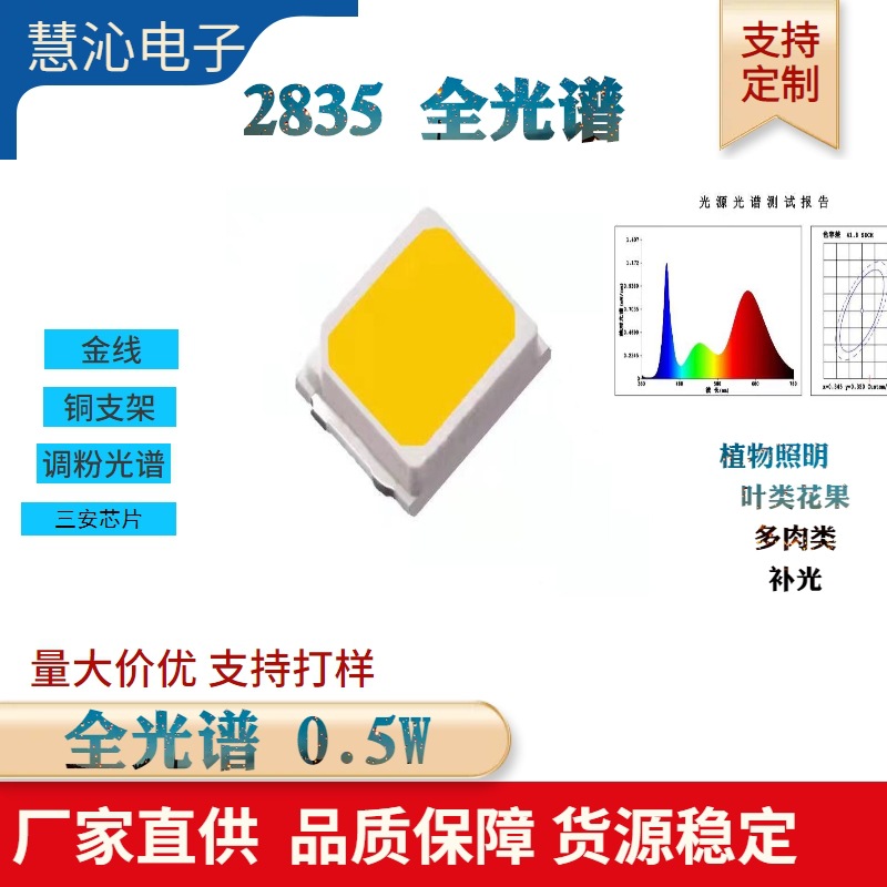 2835全光谱灯珠0.5W多肉植物生长灯 全光谱 led灯珠2835高显白光