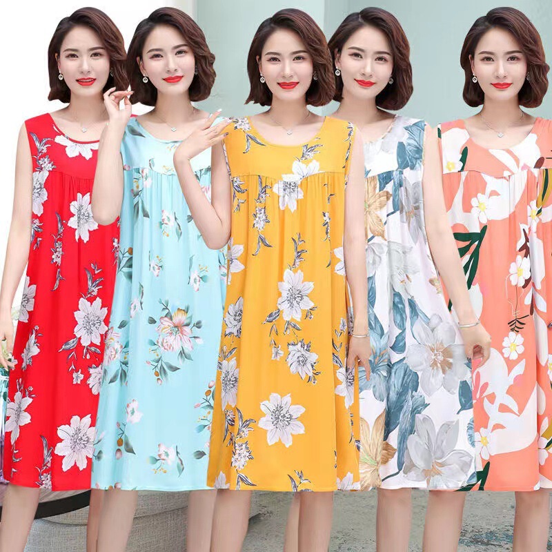 Nightgown for Women Summer Plus Size Sleeveless Cotton Silk Mid-Length Artificial Cotton Loose Dress Middle-Aged and Elderly Pajamas Home Clothes