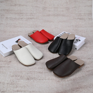 Baotou Half Slippers for Outer Wear Summer New 2025 Flats Casual Women's Slippers First Layer Genuine Leather Soft Bottom Soft Surface