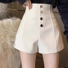 十三行黑色短裤女2025春夏季新款大码胖mm阔脚裤高腰单排扣A字休