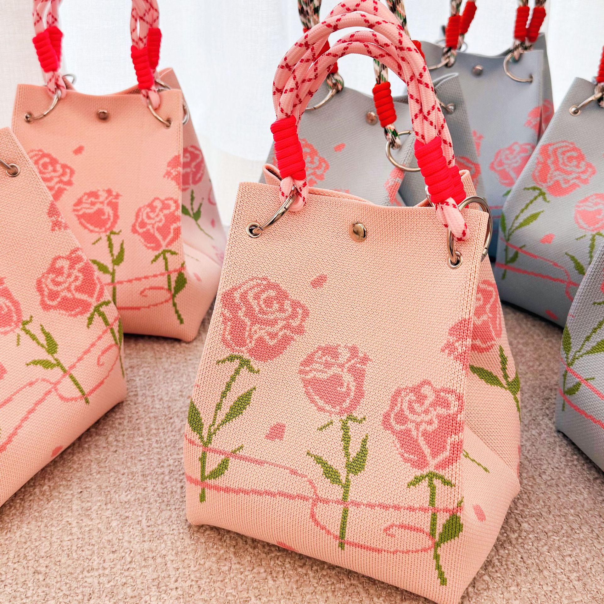 Floral Knit Ring Handle Structured Everyday Handbag 4