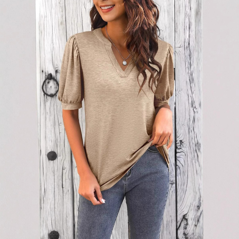 European and American Cross-Border Women's Tops 2025 Summer New Casual V-Neck Pure Color Puff Sleeve Loose T-Shirt European and American Cross-Border Women's Tops 2025 Summer New Casual V-Neck Pure Color Puff Sleeve Loose T-Shirt