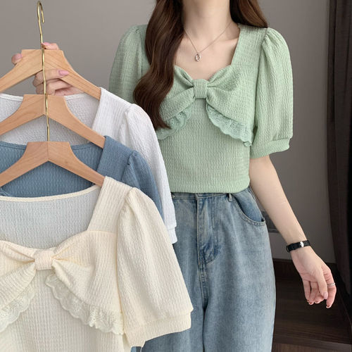 Chiffon Blouse Summer Korean Style Square Collar Bubbling Sleeve Chiffon Short Sleeve Top