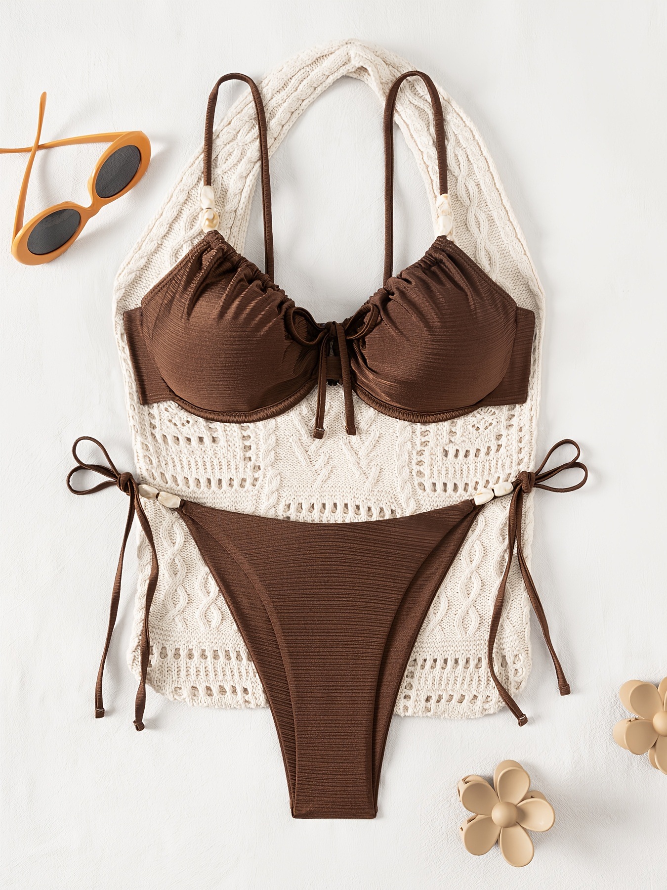 Sexy Bikini Set With Underwire And Beading For Women Solid Colour_voghion.com