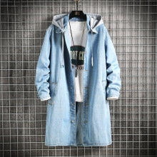 男式长款牛仔风衣男士大码外套秋冬连帽牛仔大衣外贸跨境男装批发