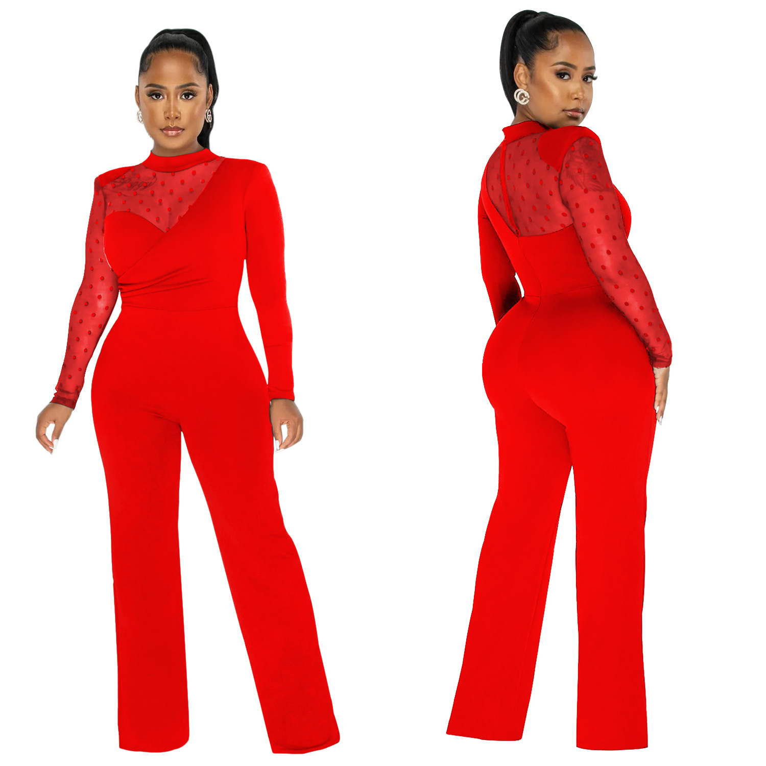 Women's Clothing fashion women's polka dot mesh see-through long-sleeved trousers solid color jumpsuit_voghion.com