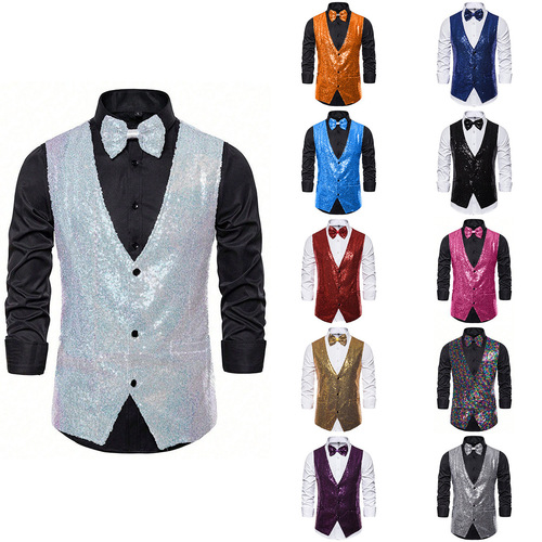 Men's stage performance suit with small sequins, vest, backless vest for photography studio, host, singer, emcee vest
