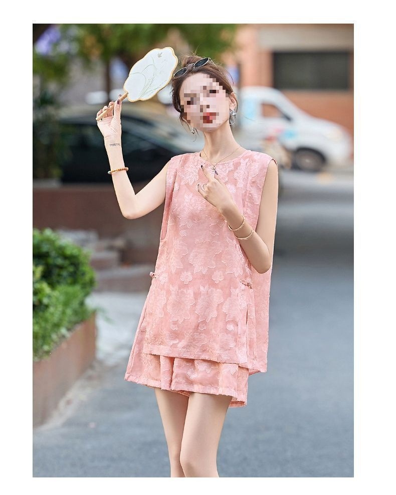 Bộ quần short áo không tay nữ phong cách quốc phong mới 2026 — Bộ màu xanh lá cây nhạt, Bộ màu hồng nhạt chi tiết 13