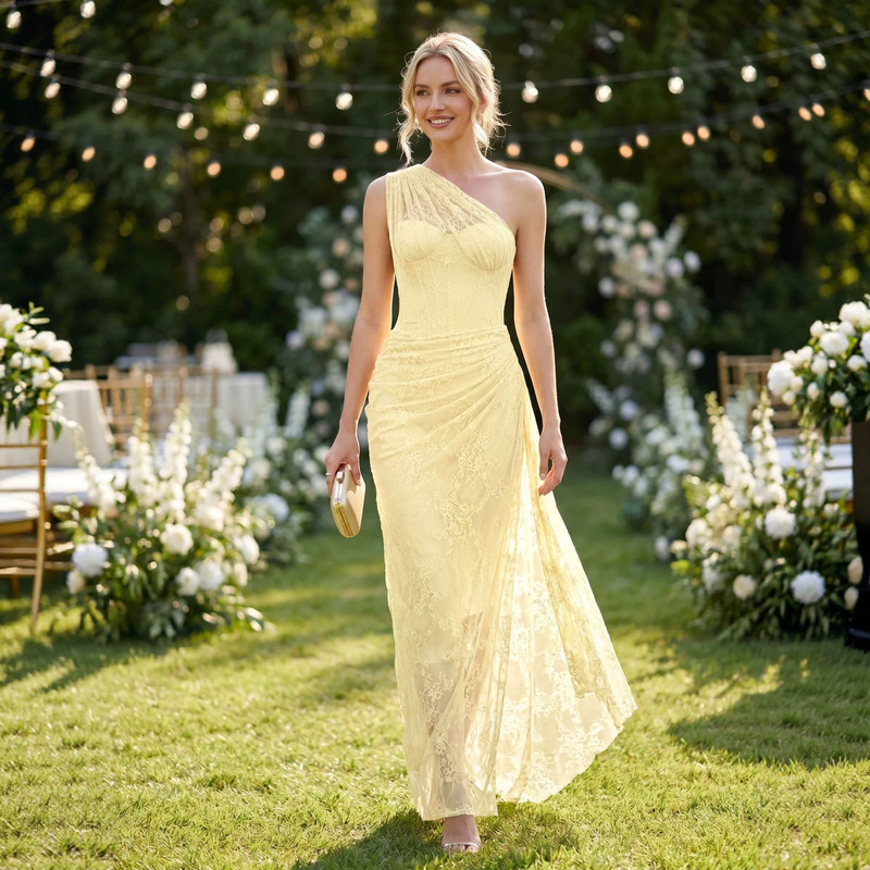 Custom-made |   2026 Hot-Selling One-Shoulder Lace Evening Dress, Fishbone Waist-Cinching Slit Bridesmaid Dress, Ice Blue/Light Yellow