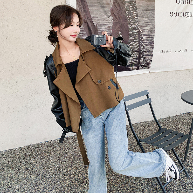 Korean Style Retro brown Short Coat Coat Women's Spring and Autumn British Style Elegant PU Leather Stitching Casual Coat