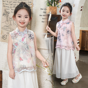 Girls' Sleeveless Hanfu Summer New Children's New Chinese Style National Style Skirt Set for Young Children Thin Princess Dress Summer