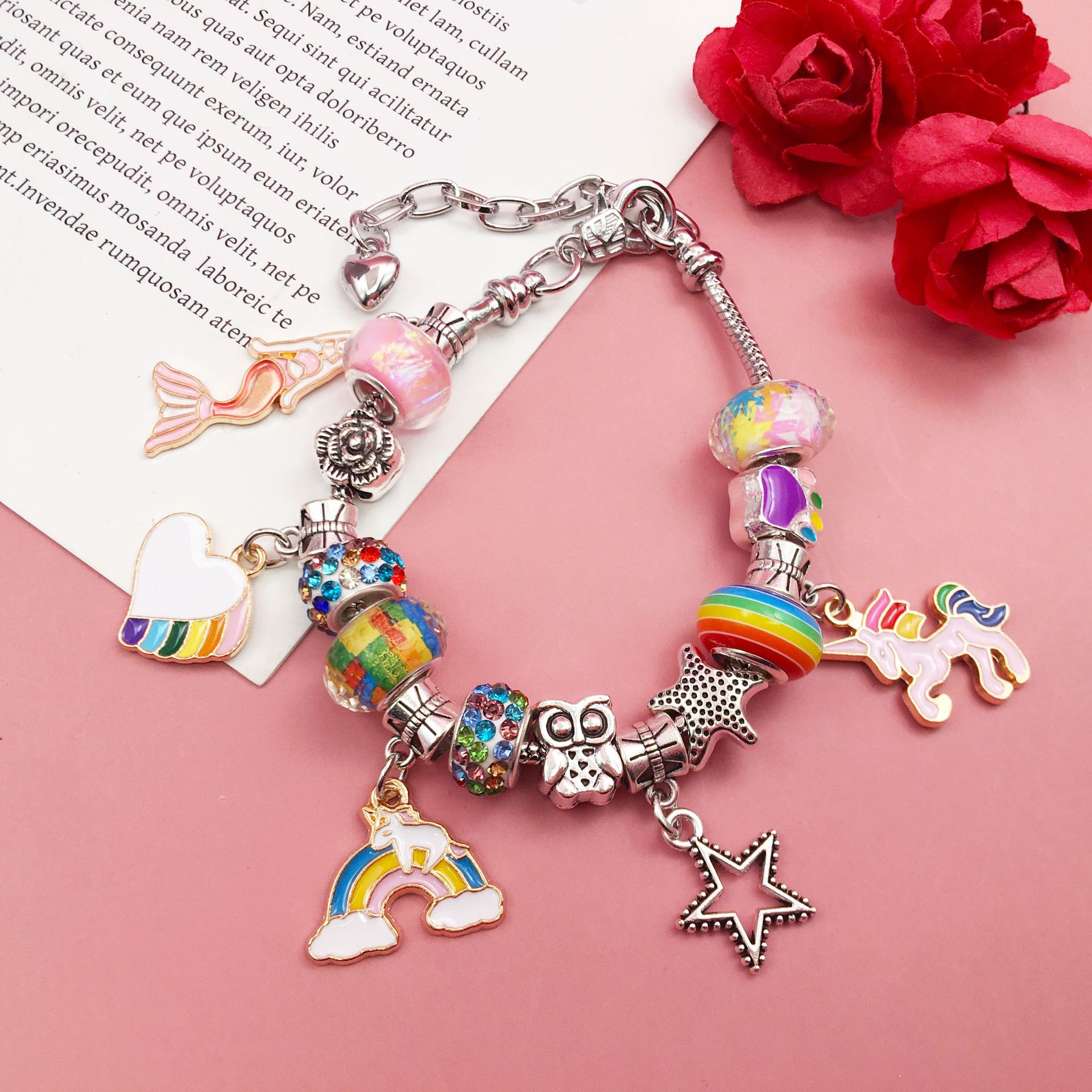Pandora pulsera de hueso de serpiente pulsera caja de regalo 3 pulseras transfronterizas de los niños DIY pulsera agujero grande perlas traje