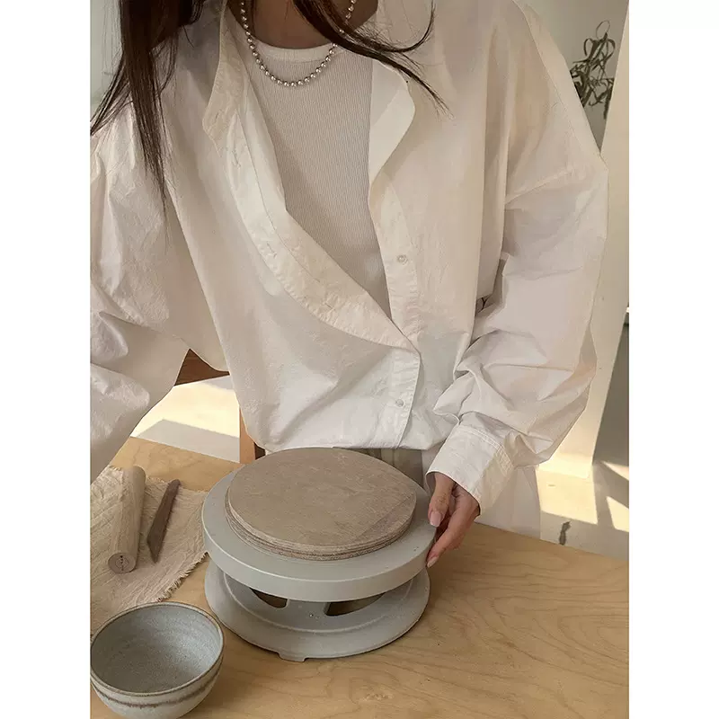 时简 店主自留款 假两件洗水拼接衬衫 立体时髦褶皱套头上衣00556