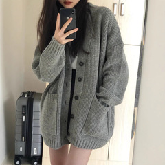 2025新款毛衣女学院风开衫学生韩版宽松V领百搭纯色针织外套开衫