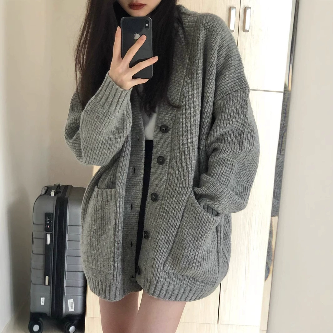 2025 новый свитер для женщин в стиле колледжа, кардиган для студентов в корейском стиле, свободный V-образный вырез, универсальный однотонный вязаный кардиган