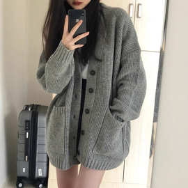 2025新款毛衣女学院风开衫学生韩版宽松V领百搭纯色针织外套开衫