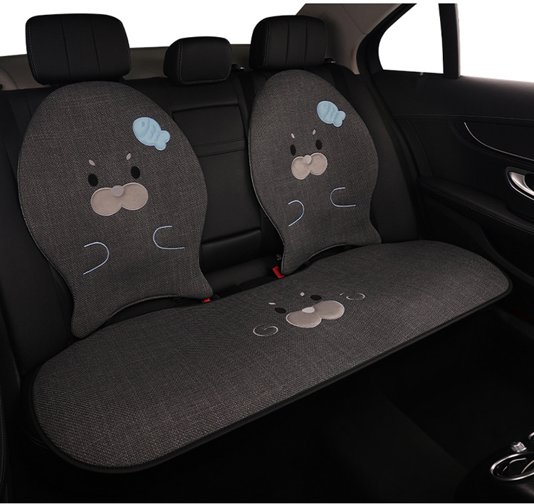 Car Seat Cushion Made of Linen Material with Seal Pattern, Suitable for All Seasons, Available as a Single Piece or a Three-Piece Set, with Optional Car Ventilation Cushion