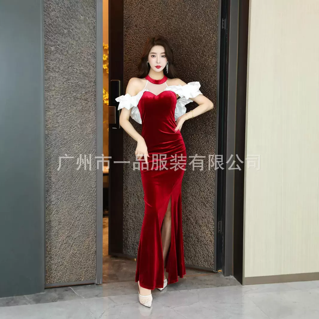 2025一字肩性感桑拿SPA技师工作服夜场KTV佳丽长款连衣裙晚礼服女