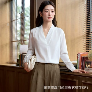 外贸气质醋酸缎白色长袖衬衫女商务职场正装打底上衣跨境批发工装