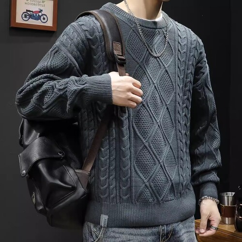 Chic Brand Heavyweight Autumn/Winter Solid Color Retro Cable Knit Men's Loose Cool Casual Crew Neck Sweater