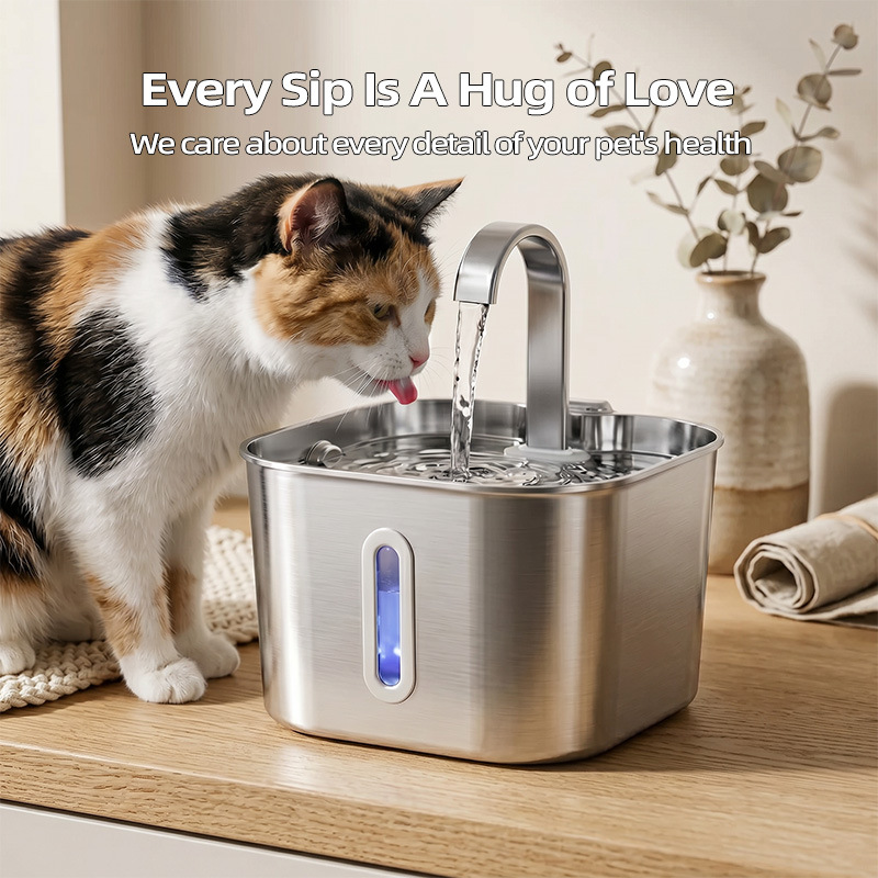 Fábrica de fuente 2.2L tubo plano de acero inoxidable para bebidas de mascotas de circulación automática de gran capacidad alimentador de agua para gatos y perros transfronterizos image 4