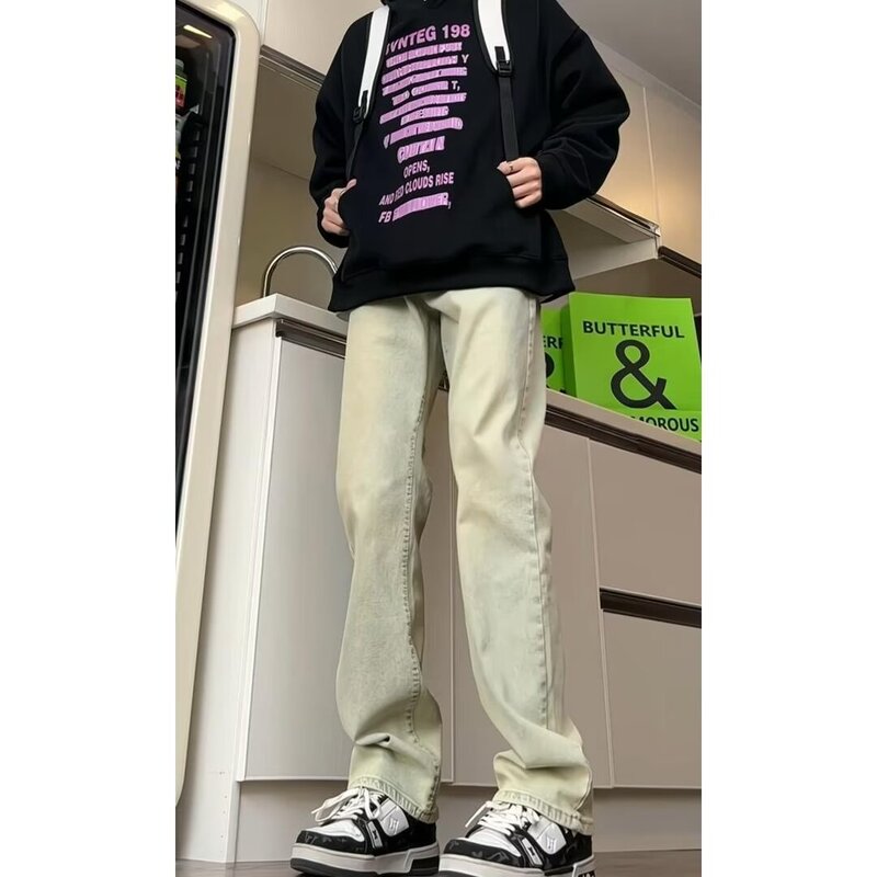 2024 Cement Grey Straight Leg Jeans Men's Spring and Autumn Slight Pants Slim-fit Slimming Loose Slight Pants Trendy