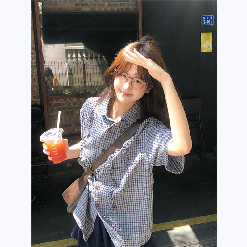 设计感小众短袖衬衫女夏季2025新款韩系百搭绑带收腰中长款上衣潮