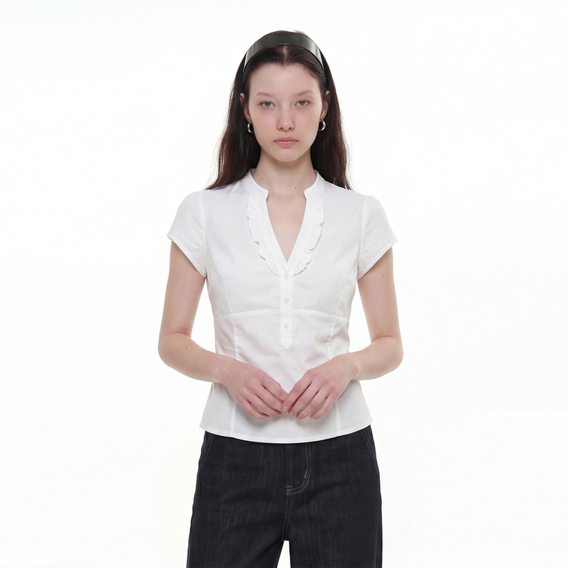 Coie Spring and Summer American Retro Lace V-Neck Button Slim Waist Shirt White Short-Sleeved Simple and Versatile Women's Top