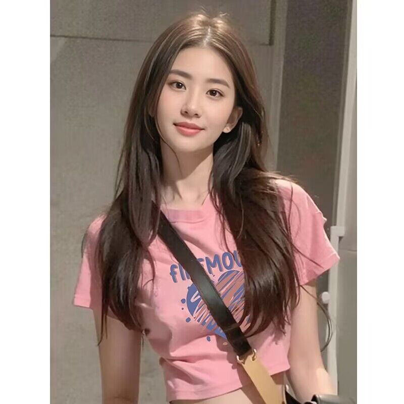 Pink graffiti printed shoulder short T-shirt for women Summer new slim fit slimming hot girl short sleeve navel top for women Pink graffiti printed shoulder short T-shirt for women Summer new slim fit slimming hot girl short sleeve navel top for women