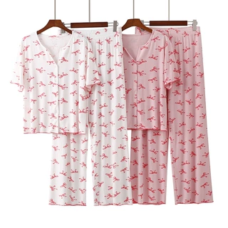坑条8*5莫代尔蝴蝶结睡衣女春夏短袖长裤薄款休闲宽松可外穿夏季