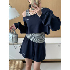 十三行2025早秋新款美式辣妹一字肩短款卫衣女条纹百搭上衣潮