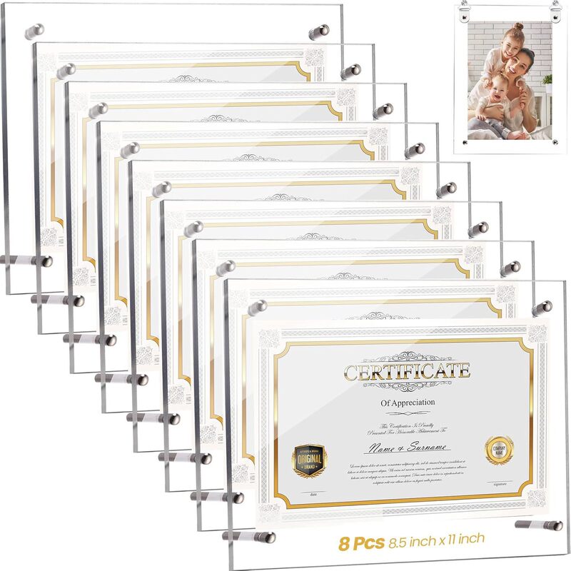 8 Pieces Acrylic Photo Frame Transparent Floating Photo Frame Stand Document Certificate A4 poster frame desktop or wall mount 8 Pieces Acrylic Photo Frame Transparent Floating Photo Frame Stand Document Certificate A4 poster frame desktop or wall mount
