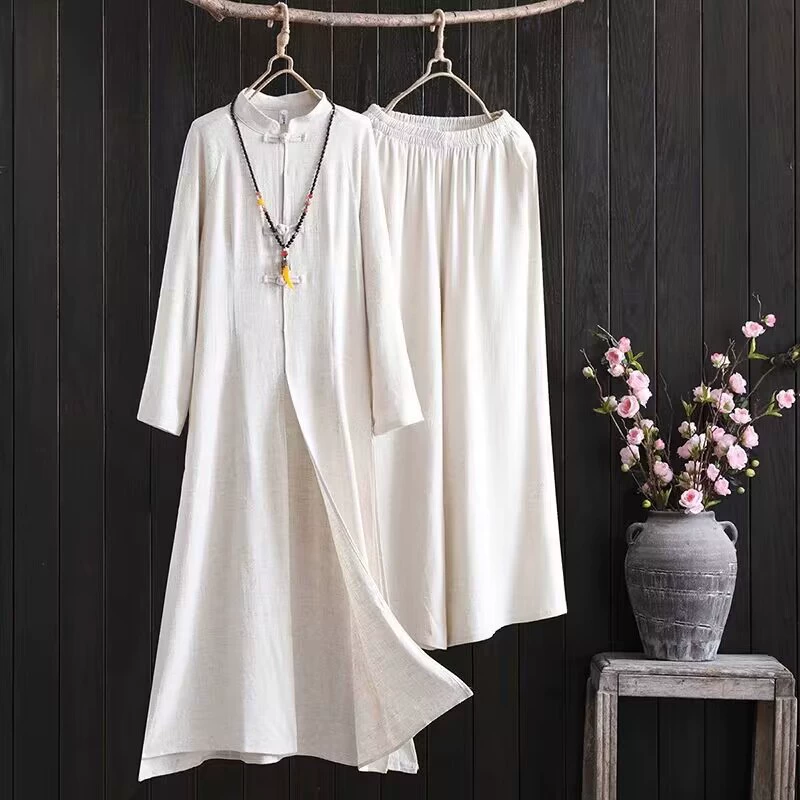 Буддизм-дзен-чайный костюм национальный стиль ретро-литературное платье из хлопка и льна женский новый китайский стиль