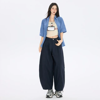 藏蓝九分阔腿裤女夏季薄款2025新款高腰休闲裤宽松直筒防晒气球裤