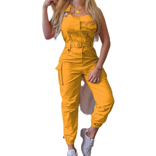 European and American women's workwear jumpsuit with belt, sleeveless overalls, slim-fit ankle-length pants F8H233
