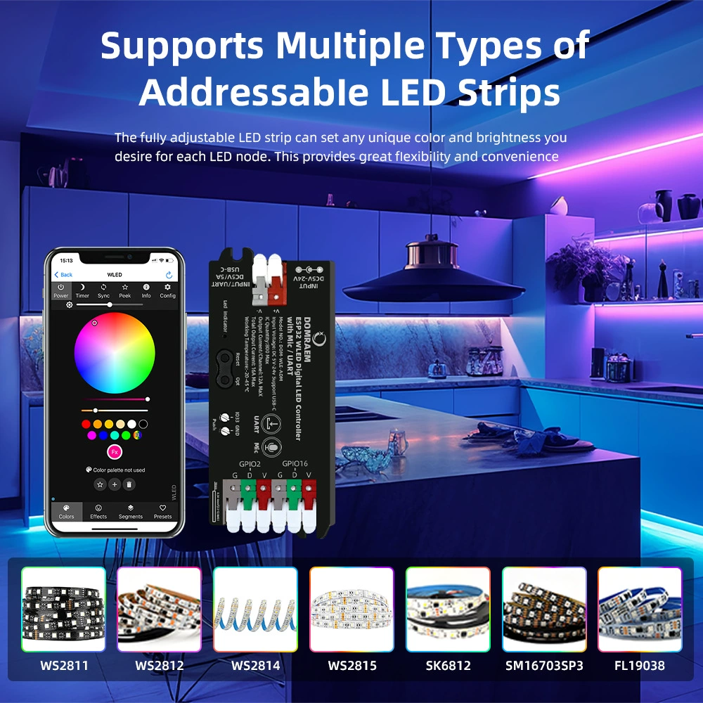 Контроллер Dingyun Technology на ESP32 с микрофоном, питание Type-C, SPI адресуемая лента WS2811, интеллектуальное затемнение