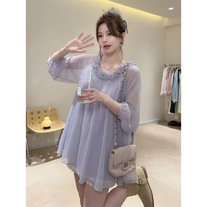 Cross-Border French Gentle Style Lace Round Neck Long-Sleeved Shirt for Women Spring and Summer New Design, Lazy, Loose and Beautiful