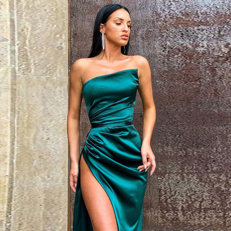 Comercio exterior de Europa y América Amazon AliExpress deseo estación independiente vestido de noche de las mujeres sexy tubo superior plisado vestido de hendidura image 2