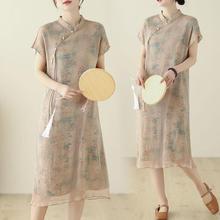 外贸尾单女装清仓夏季新款双层连衣裙中国风斜襟立领丝麻印花旗袍