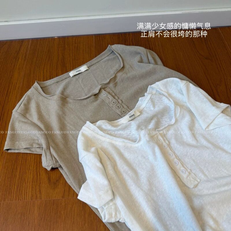 Love It! Bamboo Cotton Linen Casual Simple Raw Edge Short-Sleeve T-Shirt Henley Shirt for Women