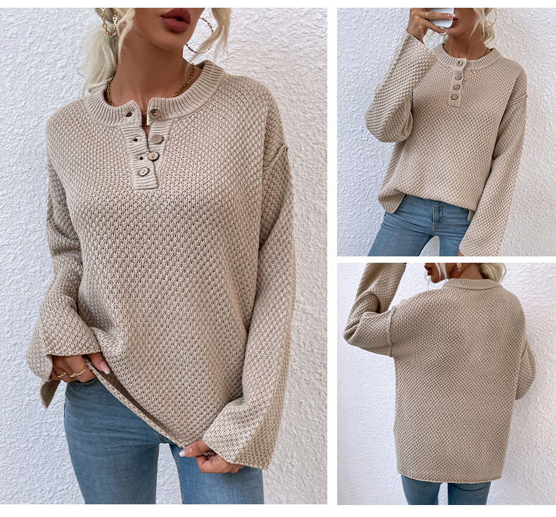 Round Neck Buttoned Split Knitted Sweater NSMMY82825