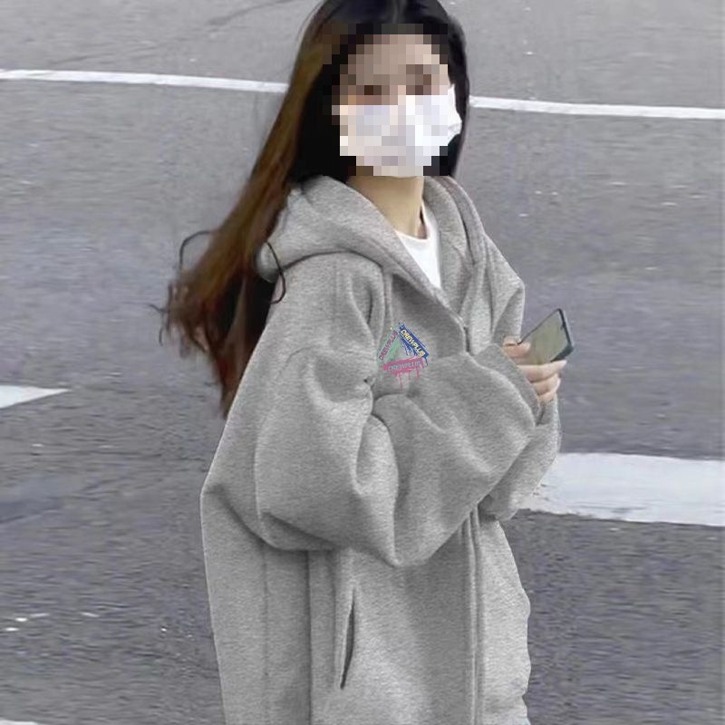 盐系少女装宽松加大码加绒带帽开衫卫衣秋季印花拉链外套外穿上衣